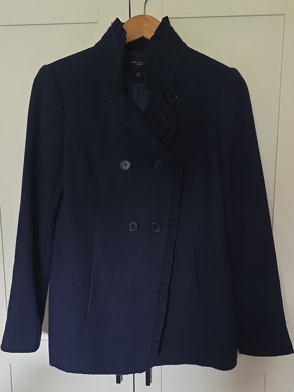 Ann Taylor Navy Blue Fall Spring Ruffled Pea Coat